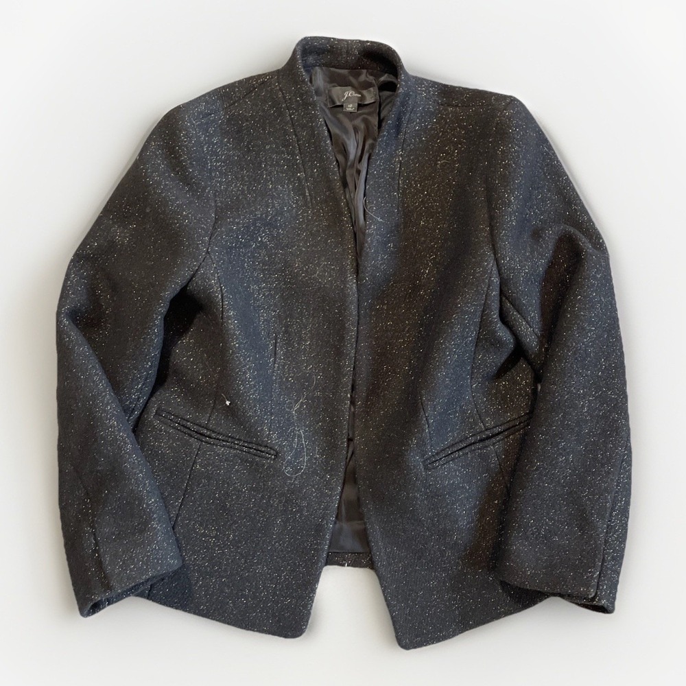 J. Crew Blazer Black Gold Sparkle NYE  Open Front Wool Blend Jacket NYE‎ Sz 12